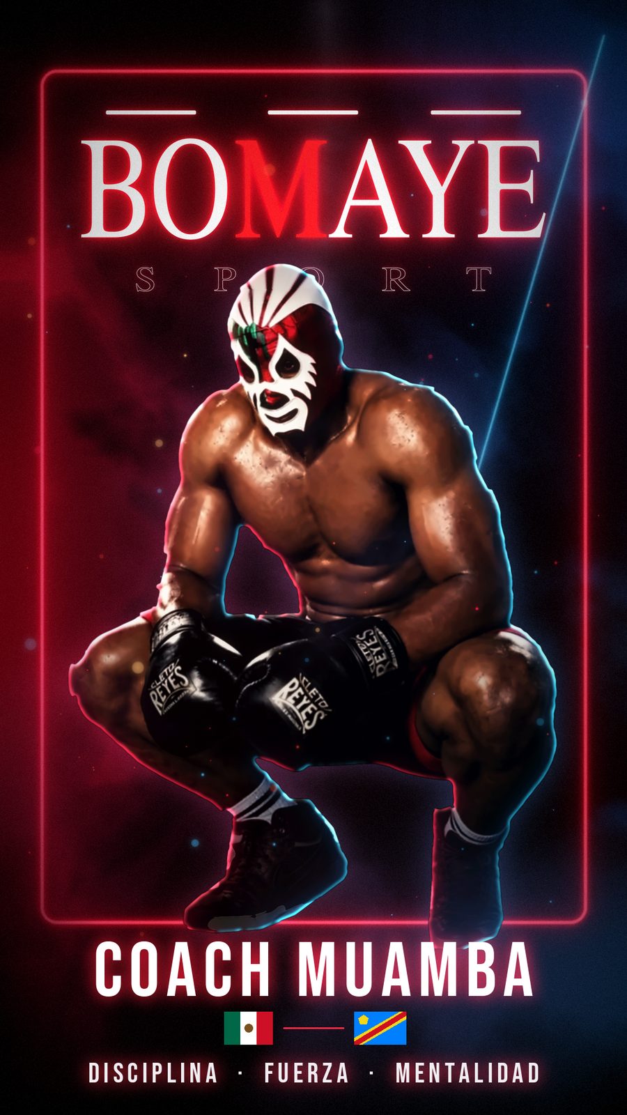 Coach Muamba con máscara de luchador frente al logo de Bomaye Sport